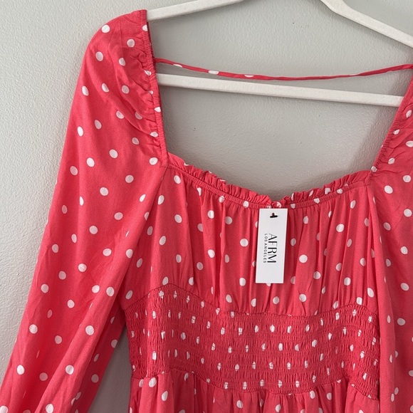 AFRM Long Sleeve Smocked Waist Polka Dot Mini Dress - Picture 2 of 7